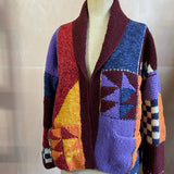 Geo Patchwork Wool Cardigan in Baked Red Light