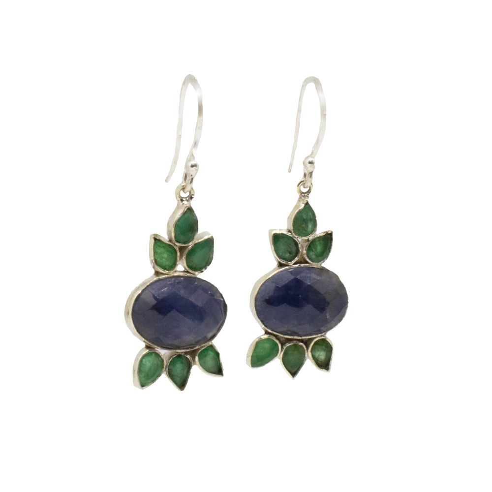 Blue Sapphire, Emerald and Silver drop earrings