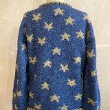 Back of Star Cardigan showing gold stars on blue background