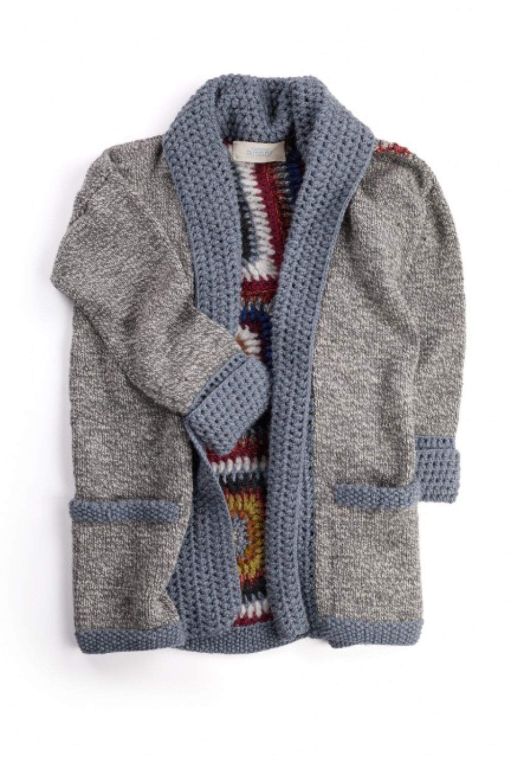 Crochet Chunky Knit Wool Cardigan Blue Grey Reversible Two Tone