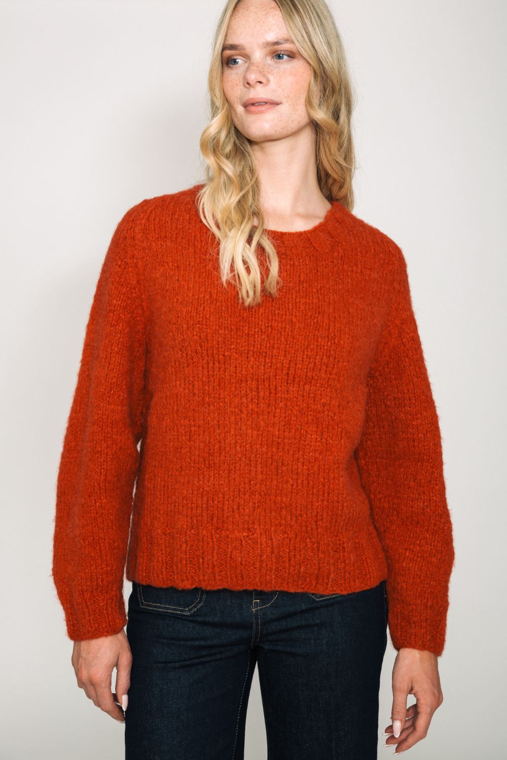 Crewneck Plain Alpaca Sweater Jumper Red Orange