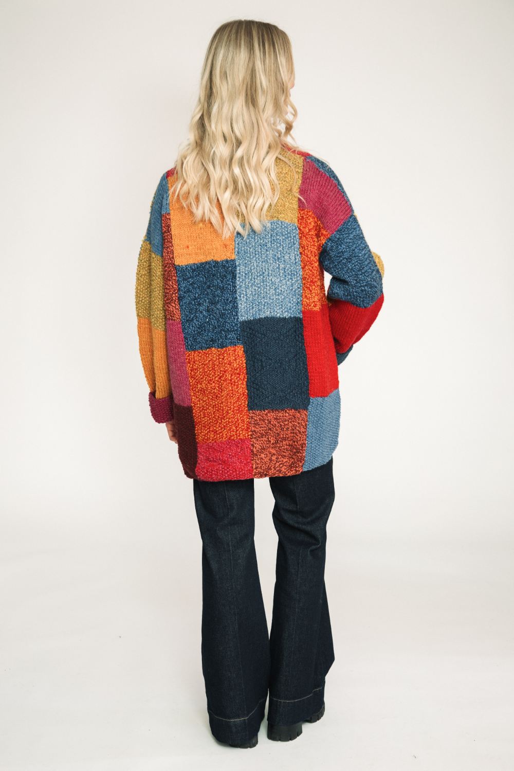 Chunky hand knit cardigan wrap style women patchwork design back