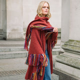 Rainbow Fringed Alpaca Shawl in Baked Red