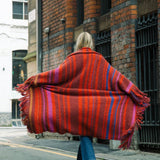Stripe Fringed Alpaca Blanket Wrap in Red