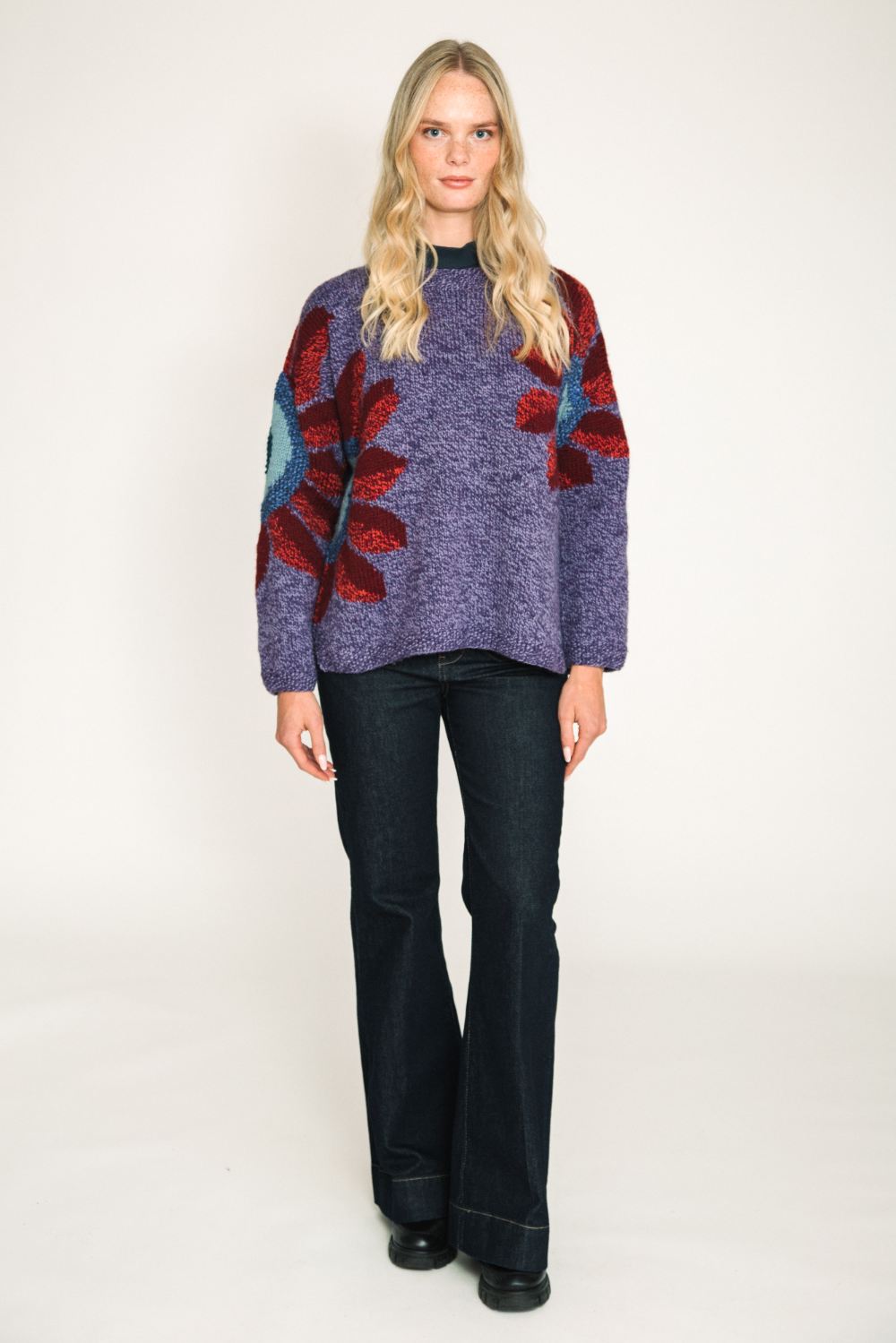 amano sunflower wool jumper in purple with red womens hand knit sweater