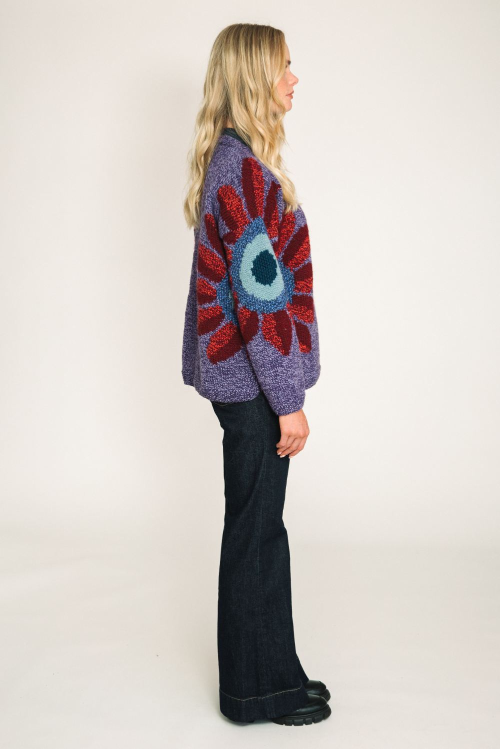 amano sunflower wool jumper in purple with red flowers women side