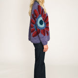 amano sunflower wool jumper in purple with red flowers women side