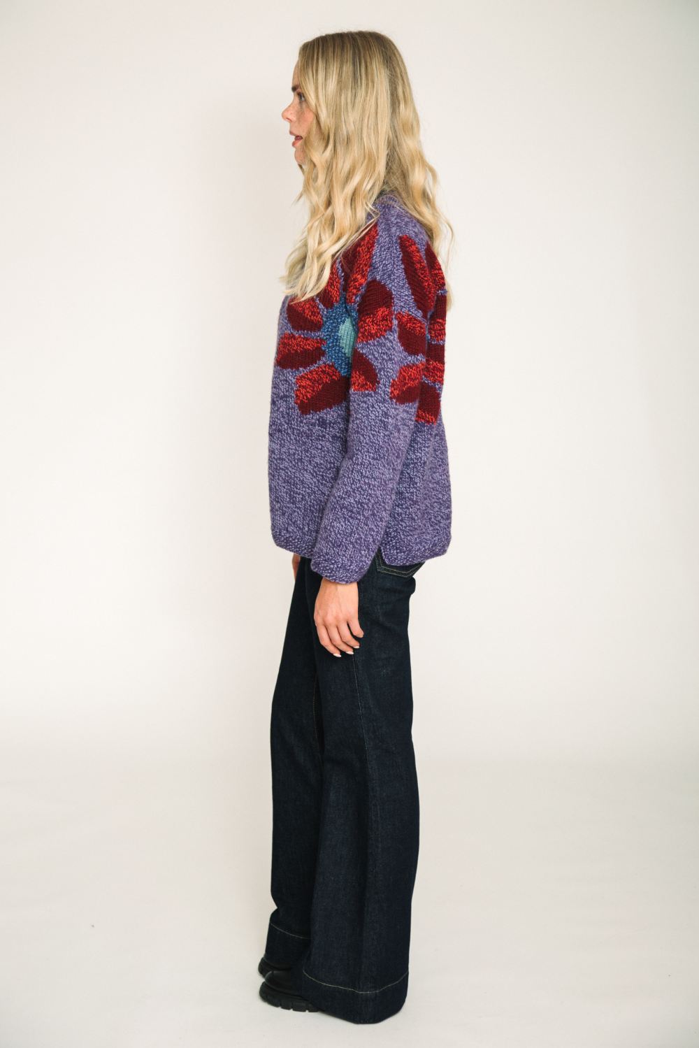 amano sunflower wool jumper in purple with red hand knit sweater