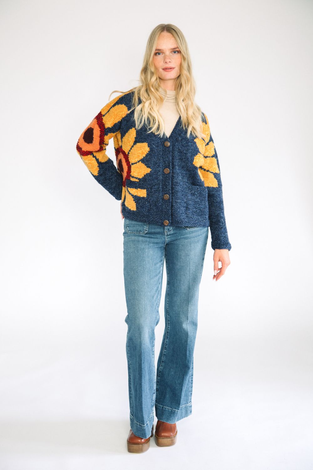 Amano Sunflower V-Neck Wool Cardigan Blue Front