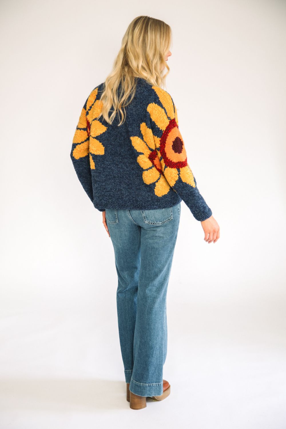 Amano Sunflower V-Neck Wool Cardigan Blue Back