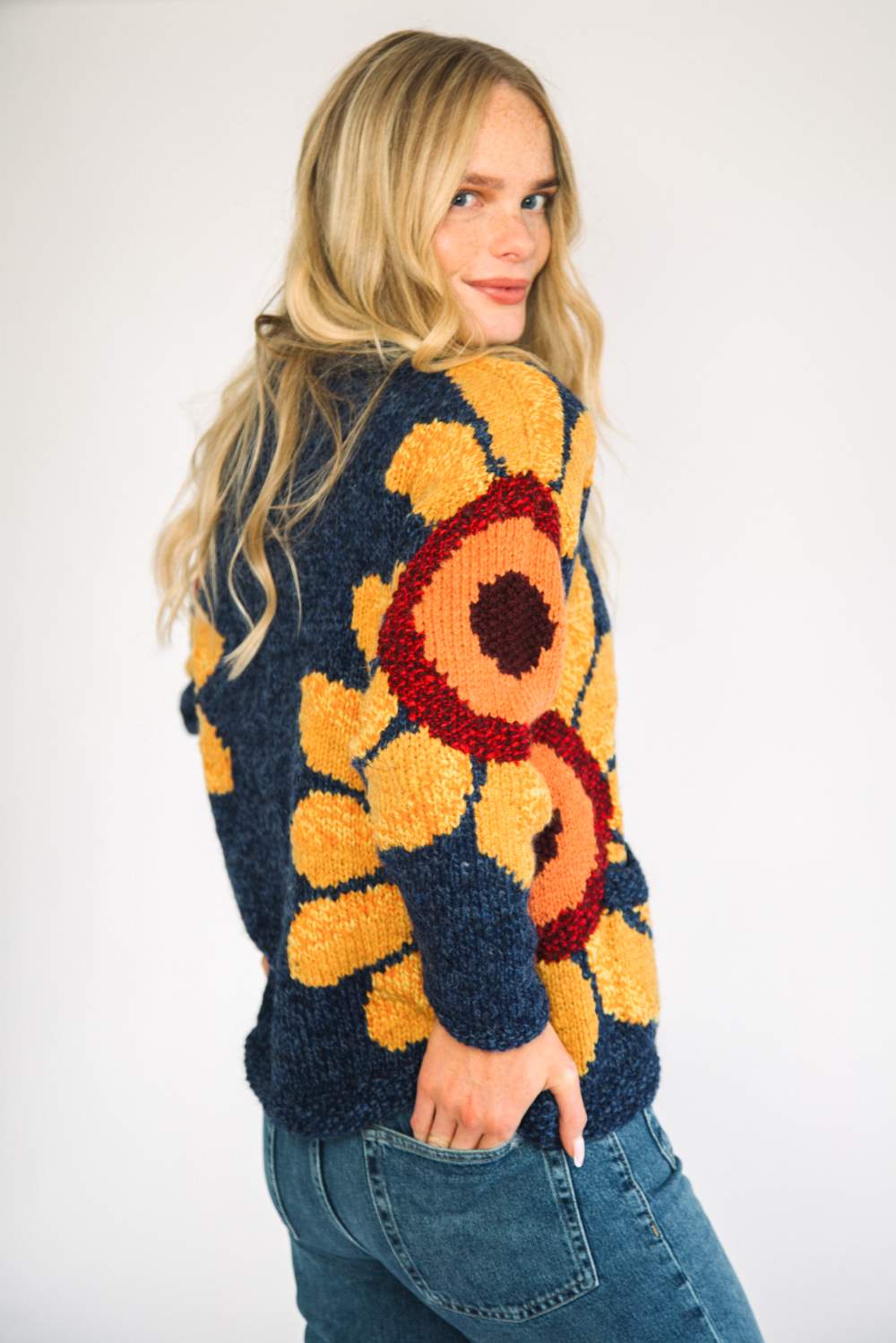 Amano Sunflower V-Neck Wool Cardigan Blue Hand Knit