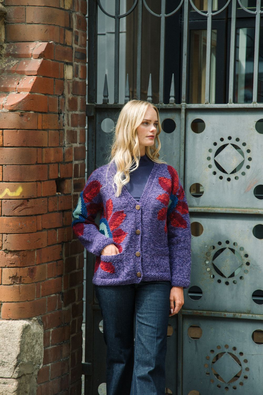 Sunflower V-Neck Wool Cardigan Purple Heather Women Hand Knit