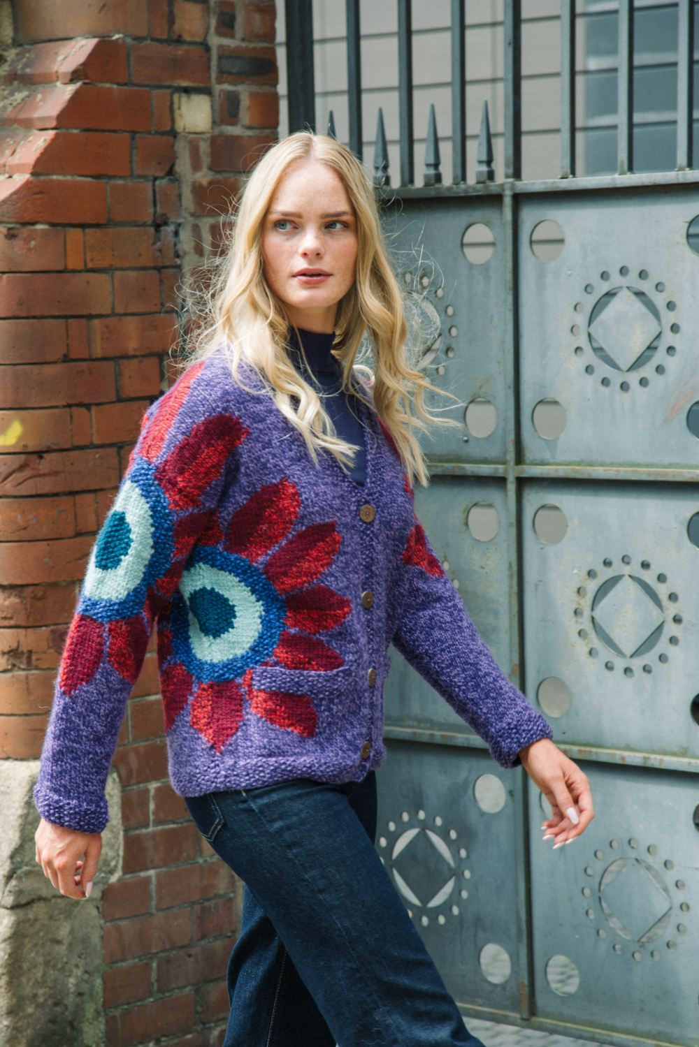 Sunflower V-Neck Wool Cardigan Purple Heather Women Hand Knit side 3