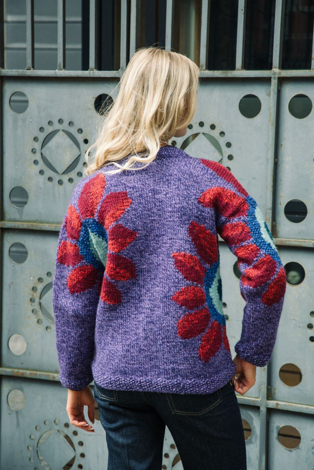 Sunflower V-Neck Wool Cardigan Purple Heather Women Hand Knit back