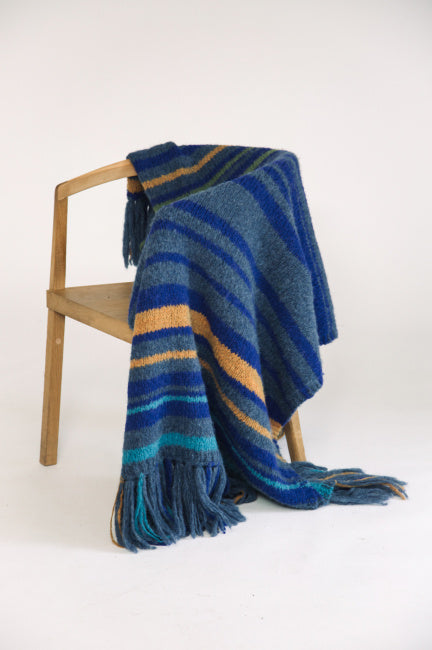 Stripe Fringed Alpaca Blanket Wrap in Washed Denim