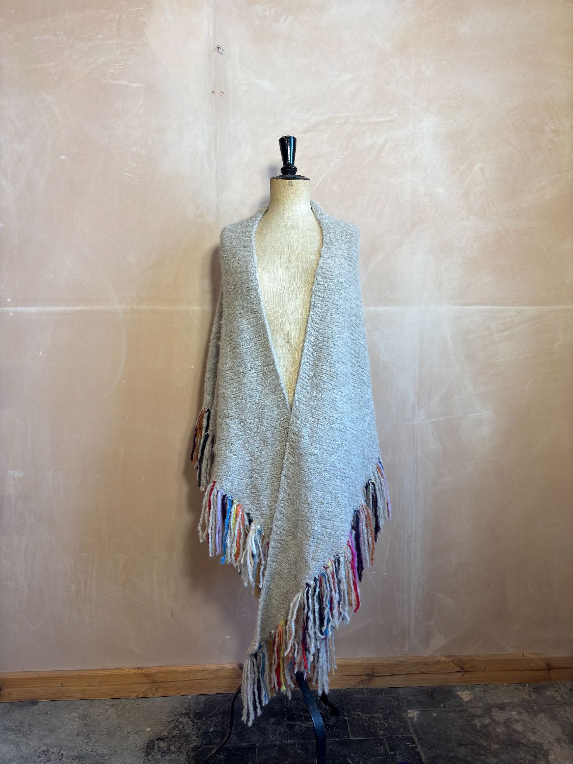Tassel Shawl in Grey with Multi-Coloured Tassels