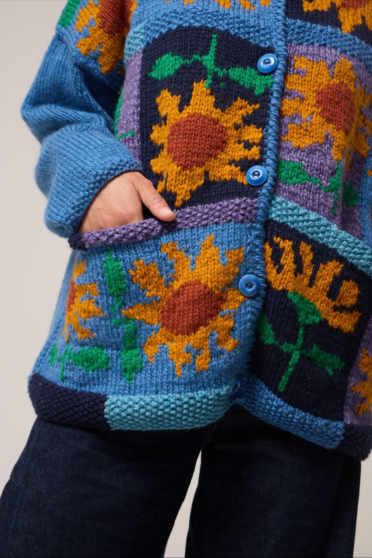 Patchwork Sunflower Cardigan in Mid Blue and Golden Yellow – Amano