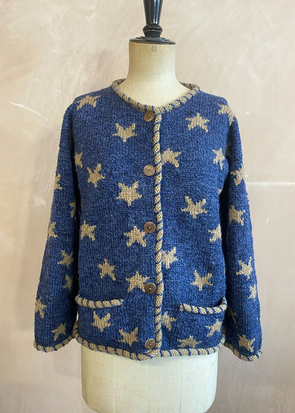 Amano Star Cardigan showing buttons and trim