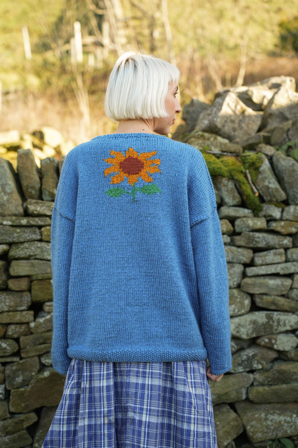 Patchwork Sunflower Cardigan in Mid Blue and Golden Yellow – Amano