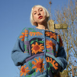 The Patchwork Sunflower Cardigan in Mid Blue and Golden