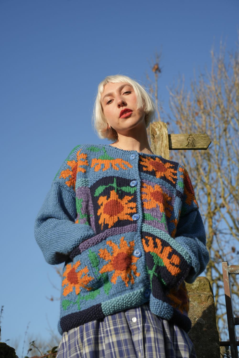 The Patchwork Sunflower Cardigan in Mid Blue and Golden