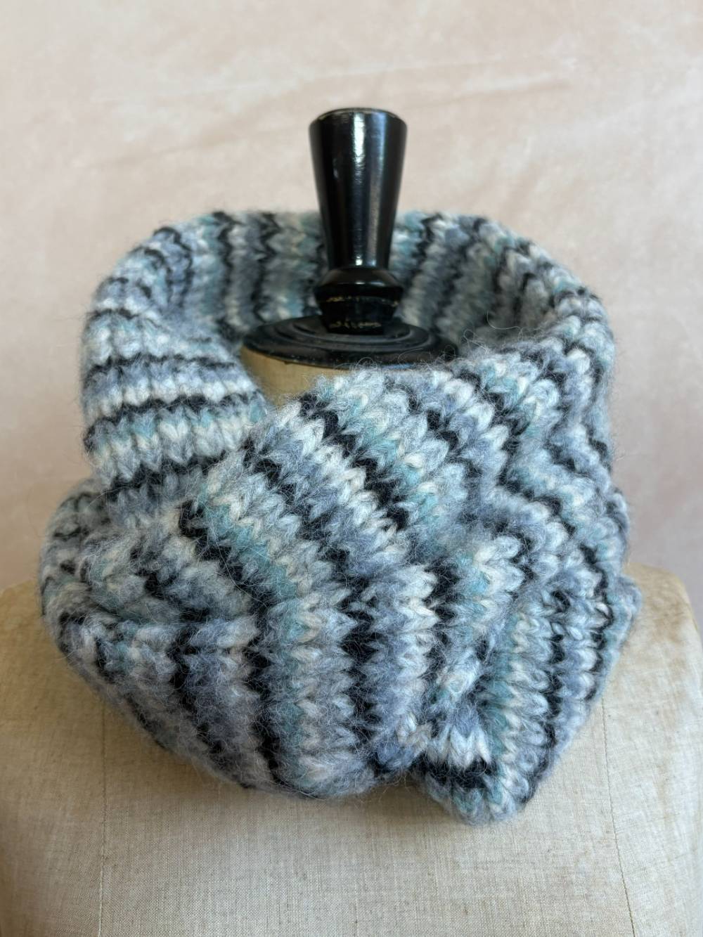 Fine Stripe Alpaca Snood Grey and Aquamarine