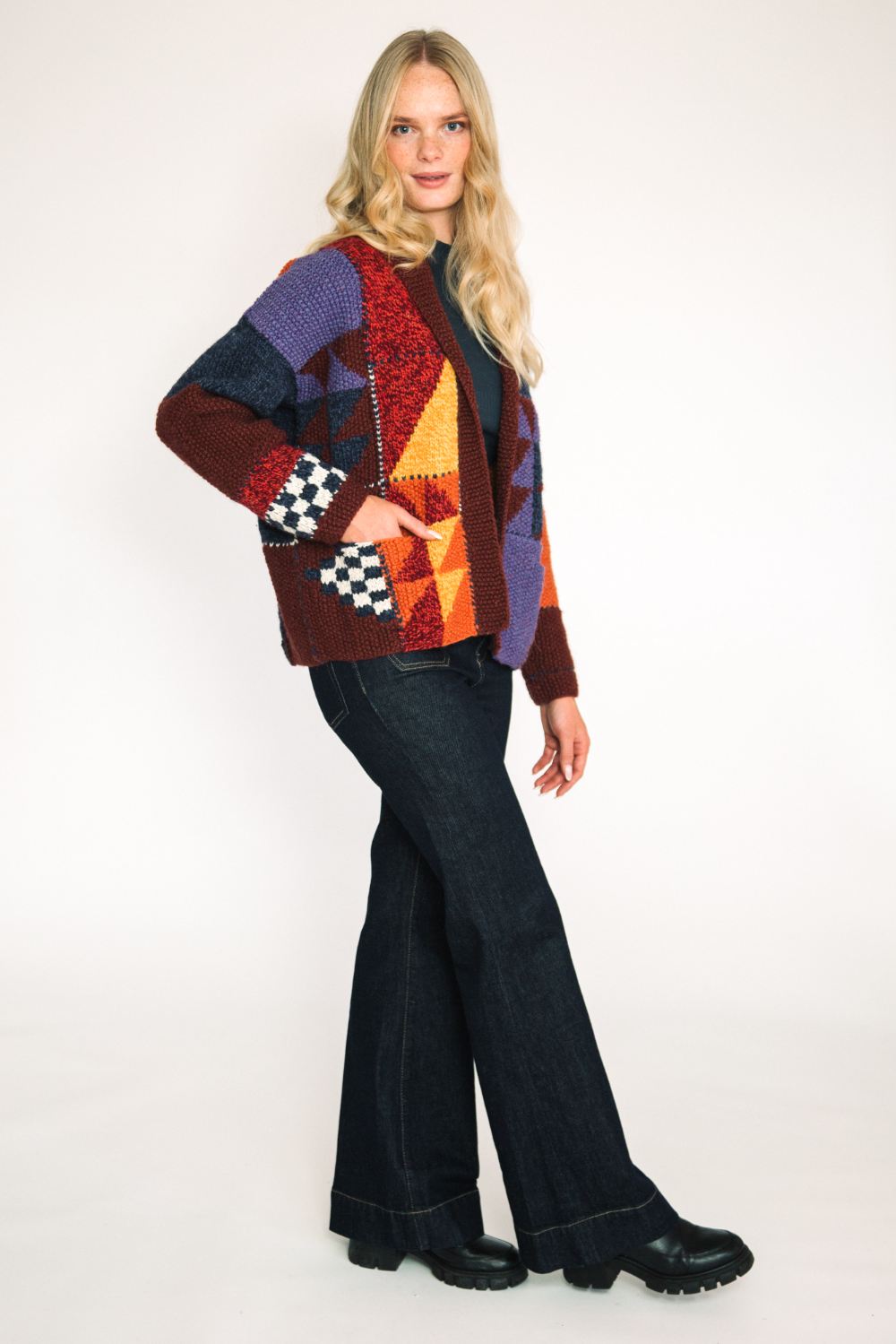 Geo Patchwork Wool Cardigan in Baked Red – Amano Knitwear