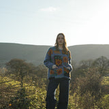 The Patchwork Sunflower Cardigan in Mid Blue and Golden