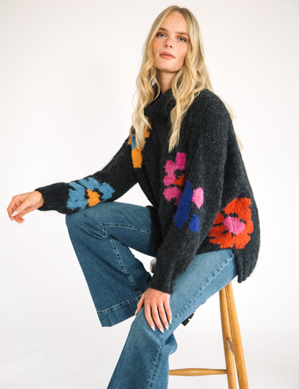 womens alpaca rollneck jumper grey black flowers