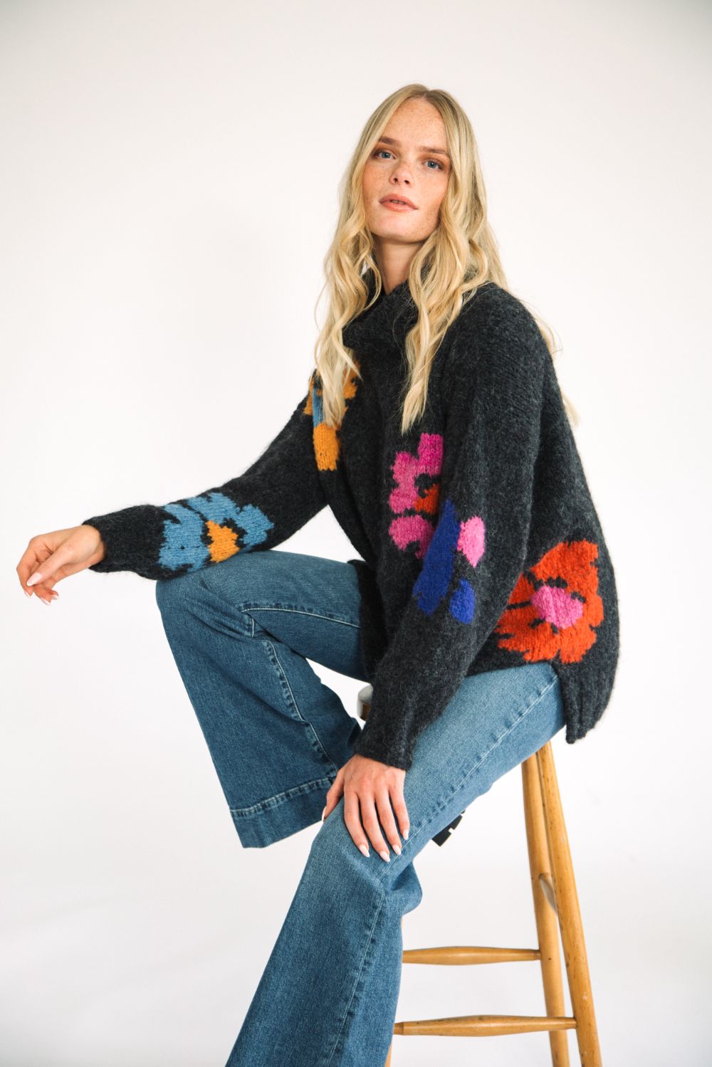 womens alpaca rollneck jumper grey black flowers