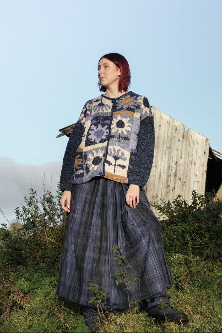 The Patchwork Sunflower Cardigan in Denim and Purple