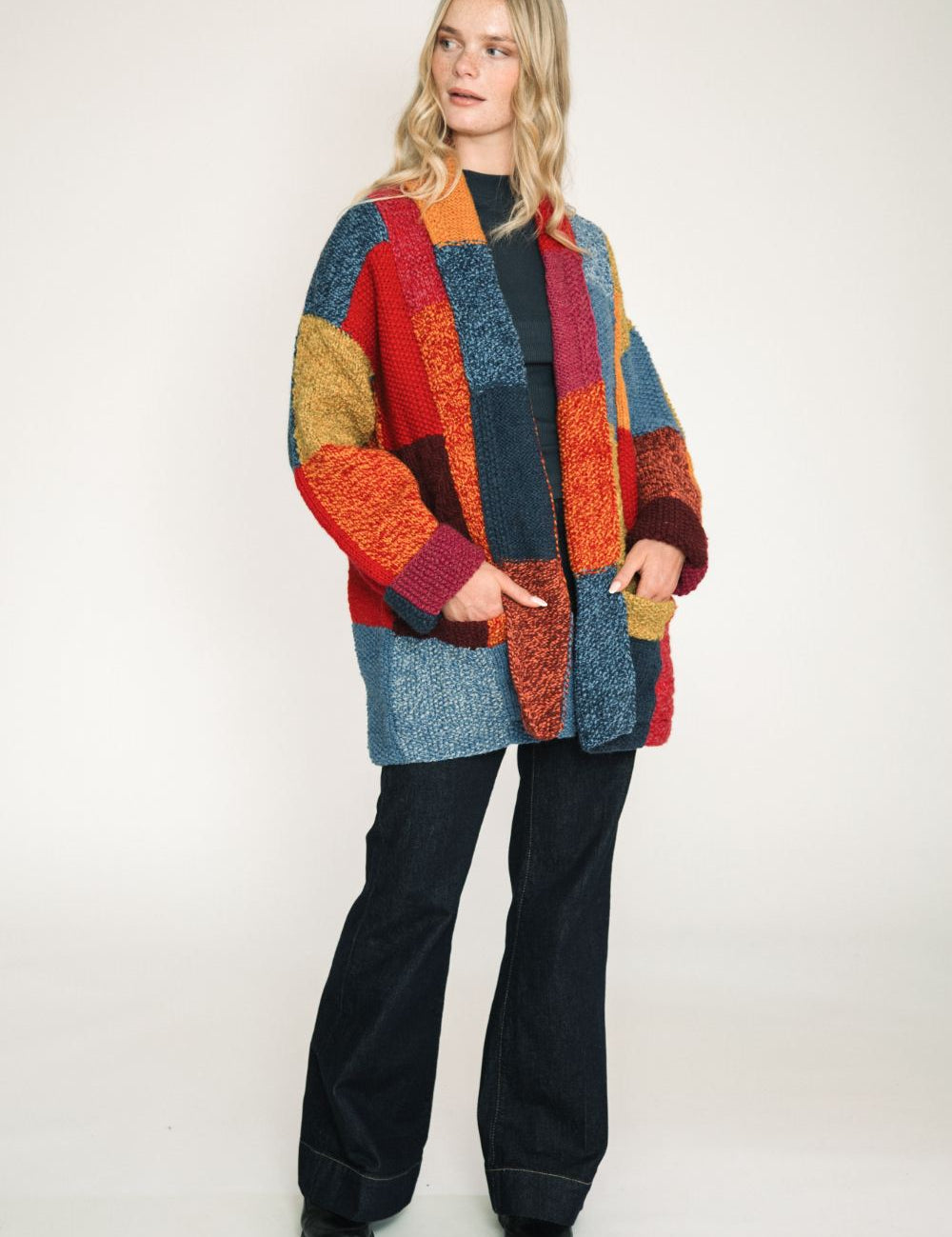 Chunky hand knit cardigan wrap style women patchwork design