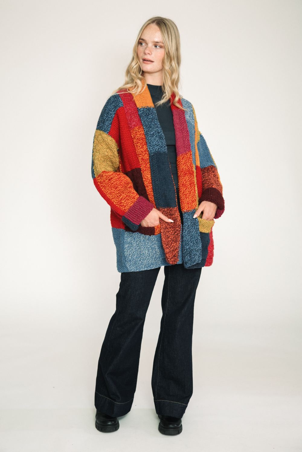 Chunky hand knit cardigan wrap style women patchwork design