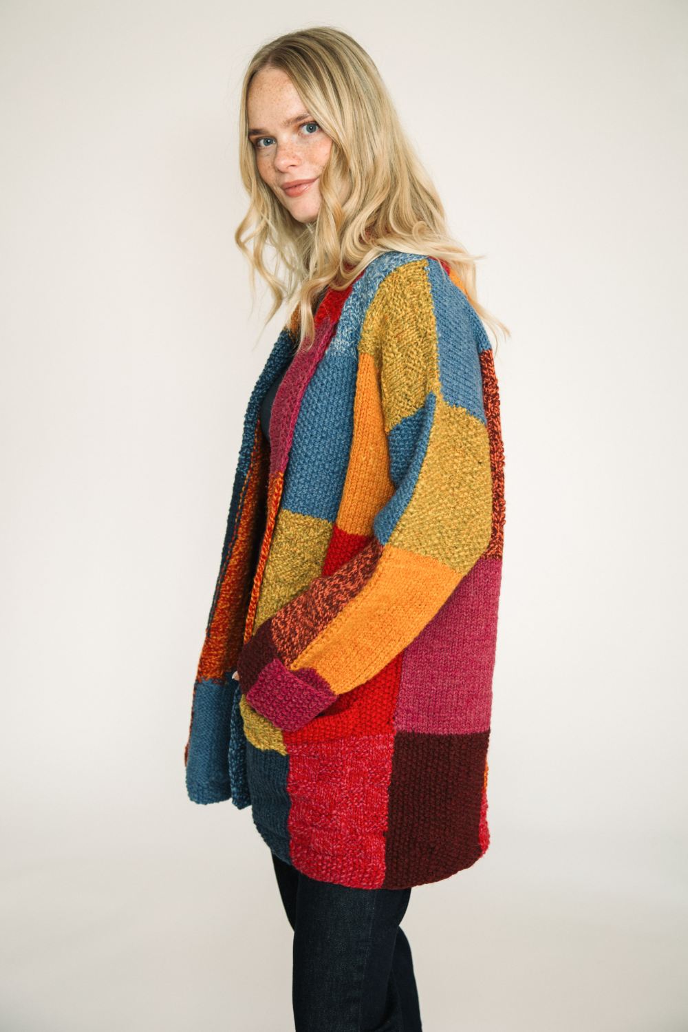Chunky hand knit cardigan wrap style women patchwork design side