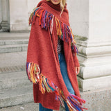 Rainbow Fringed Alpaca Shawl in Baked Red