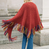 Rainbow Fringed Alpaca Shawl in Baked Red