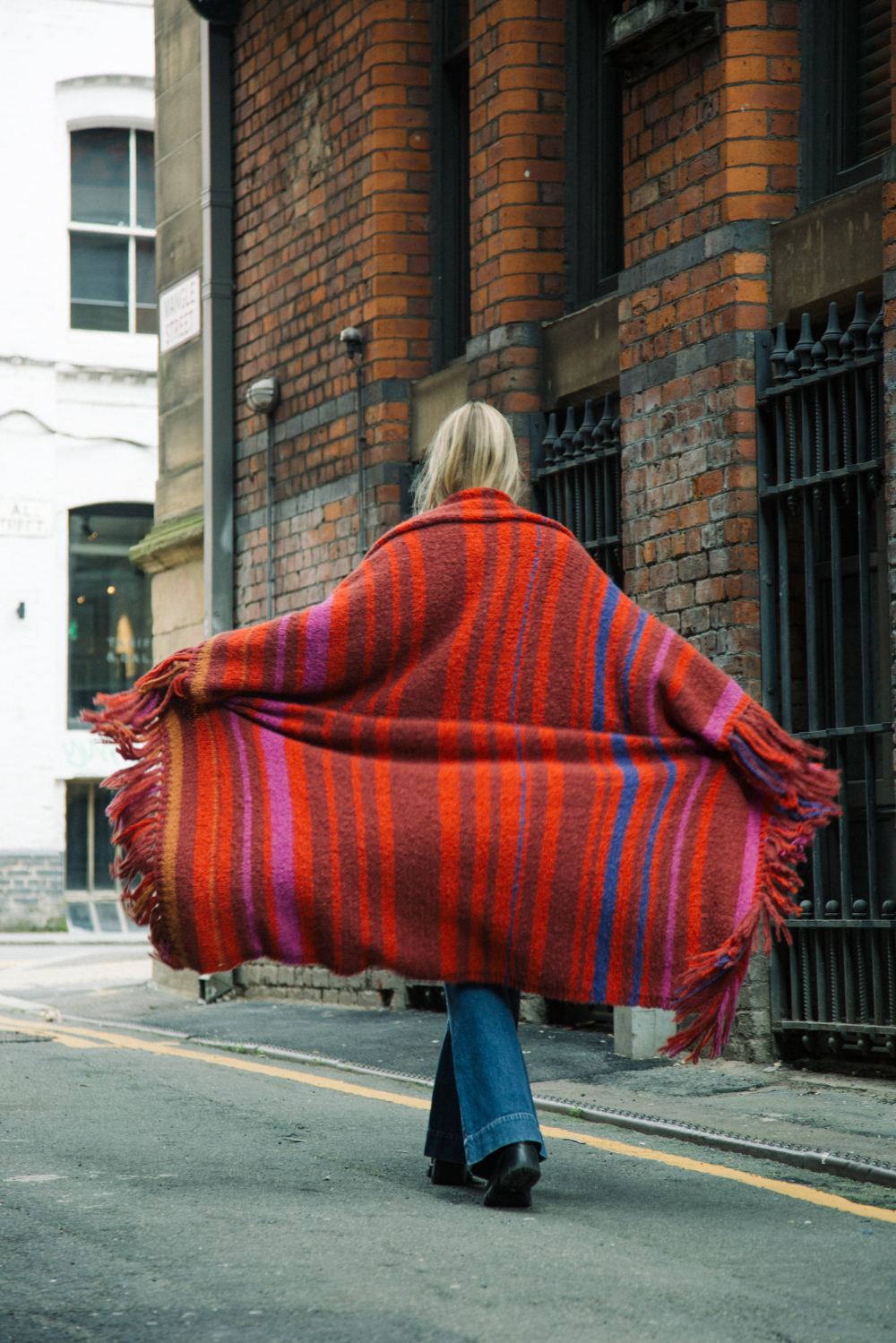 Stripe Fringed Alpaca Blanket Wrap in Red