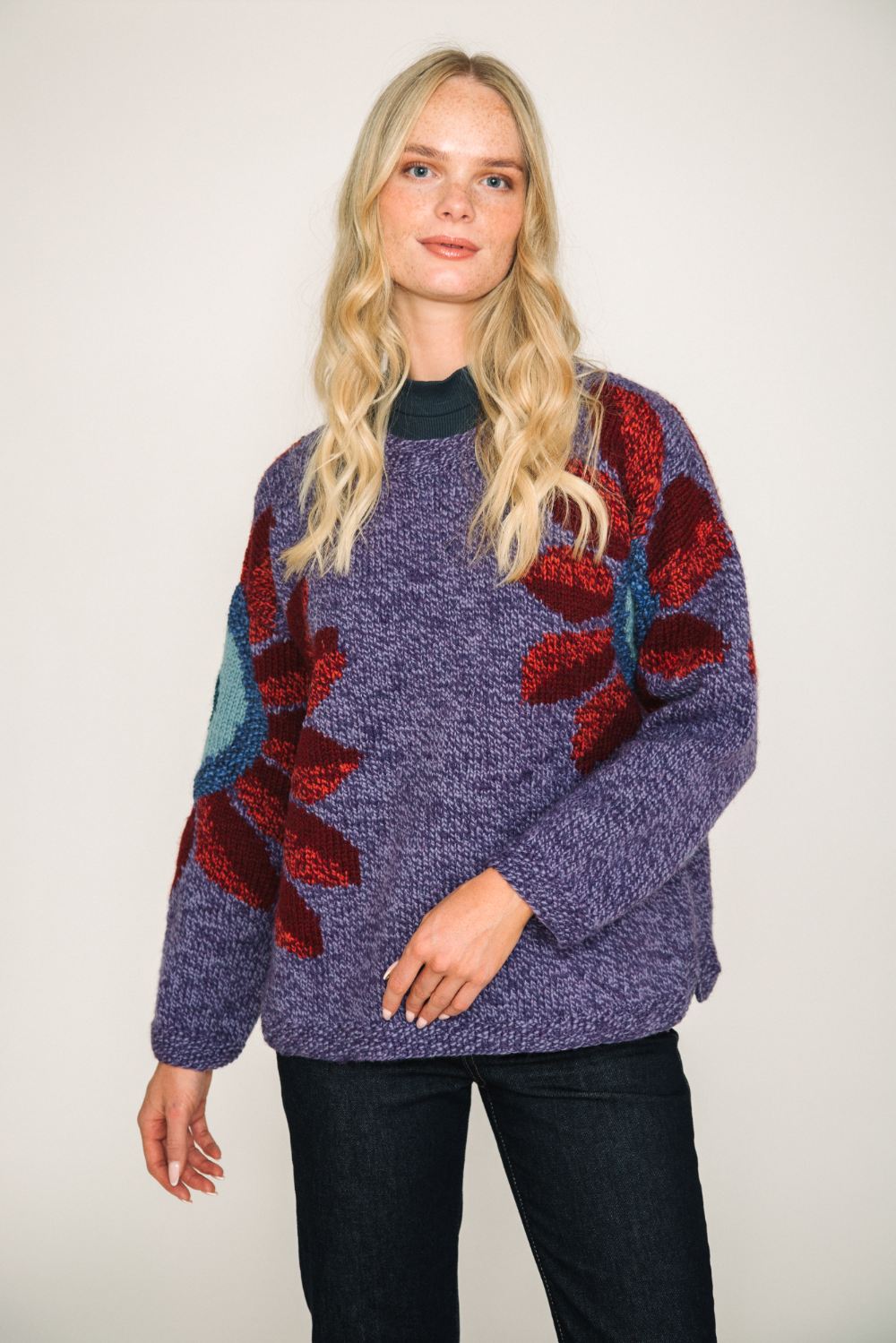 amano sunflower wool jumper in purple with red flowers women front