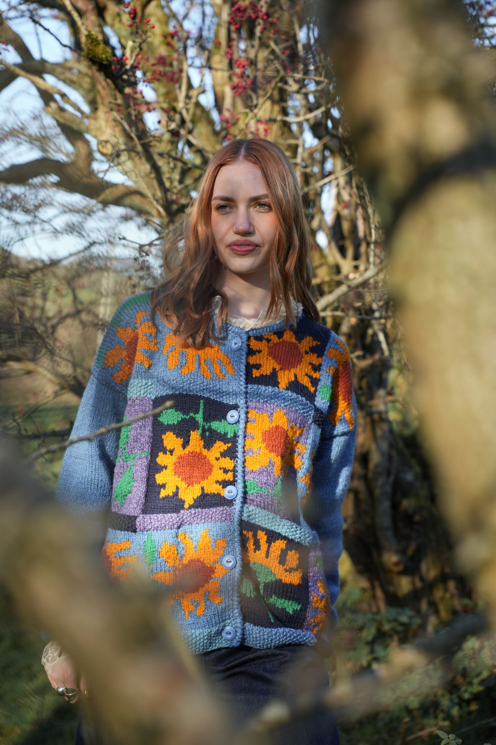 Patchwork Sunflower Cardigan in Mid Blue and Golden Yellow – Amano